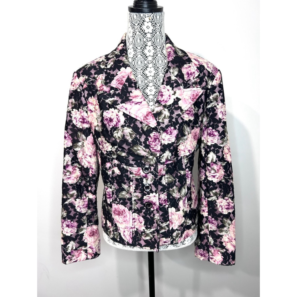 Pink floral lace covered fitted jacket Jendo motorcycle style L/XL
